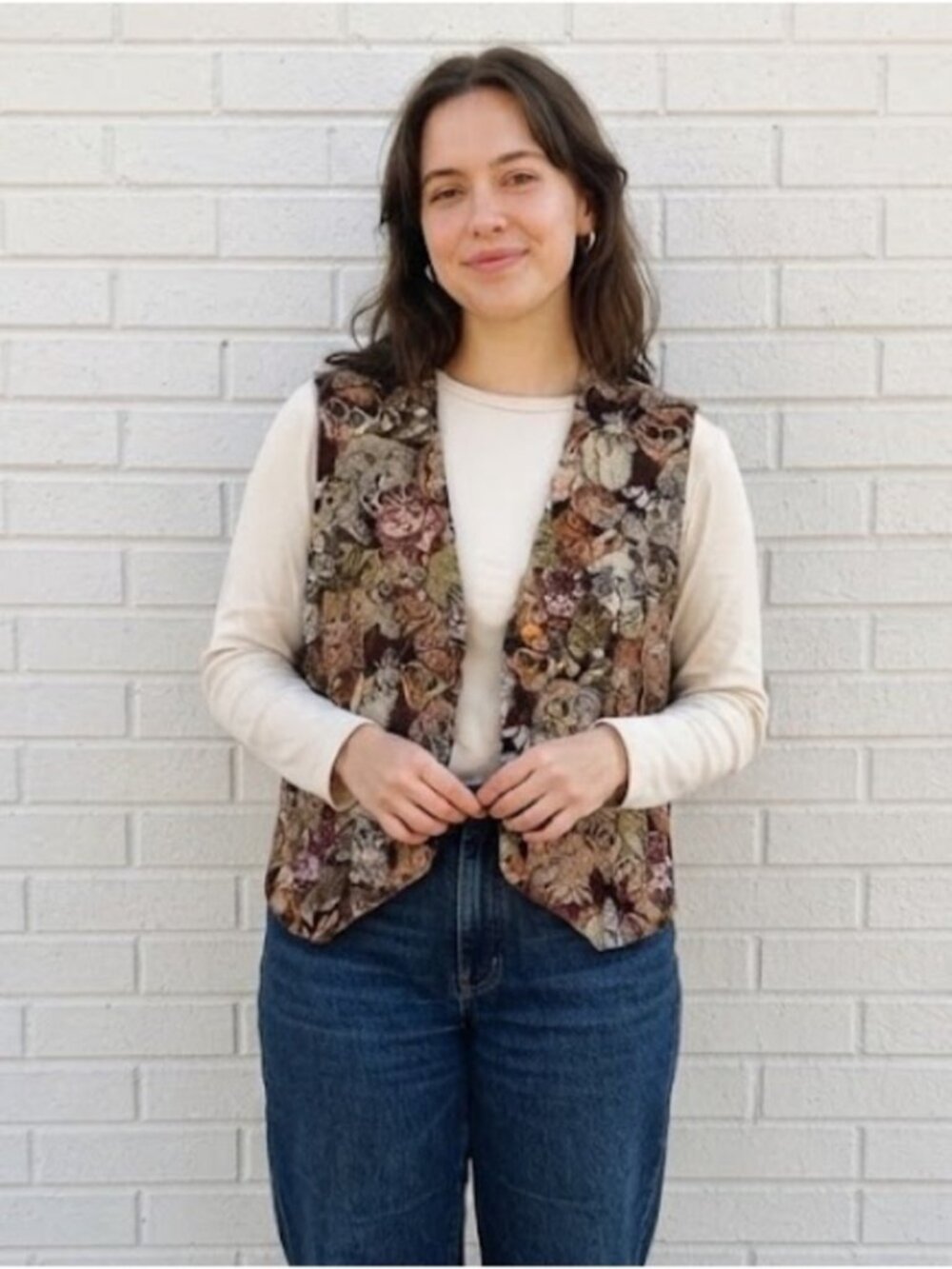 Vintage 90s 1990s Womens Medium Cat Tapestry Vest Waistcoat Cottagecore Kitsch